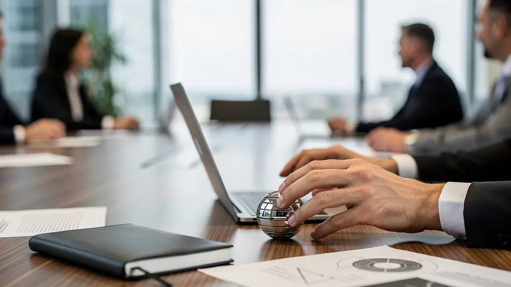 Mains manipulant un objet tactile sophistiqué pendant une réunion de travail