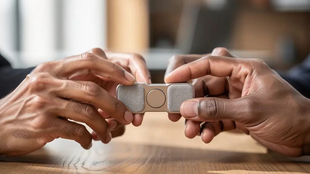 Gros plan sur des mains manipulant un objet texturé créant une connexion sensorielle