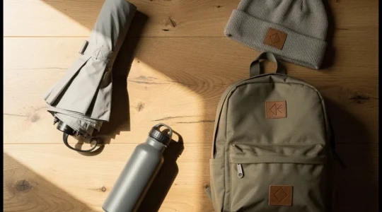 Vue aérienne d'objets de sport et loisirs personnalisés disposés sur une surface en bois naturel