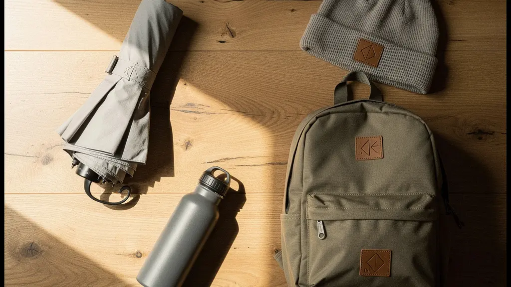 Vue aérienne d'objets de sport et loisirs personnalisés disposés sur une surface en bois naturel