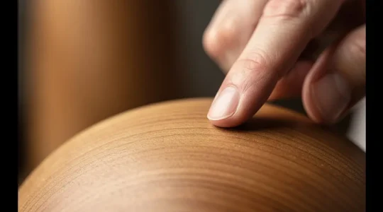 Main touchant délicatement un objet premium en bois aux lignes épurées, focus sur la texture et le contact tactile
