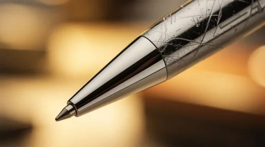 Professional macro photograph showcasing promotional pen tip with light reflections highlighting the engraving surface