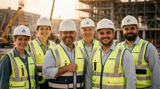 Équipe de professionnels portant des tenues haute visibilité personnalisées avec fierté sur un chantier moderne