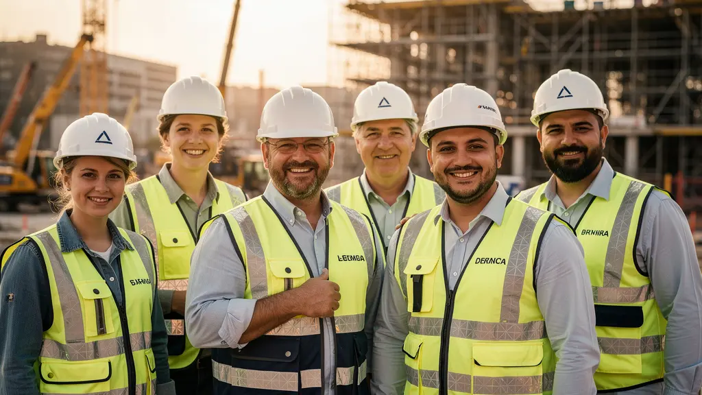 Équipe de professionnels portant des tenues haute visibilité personnalisées avec fierté sur un chantier moderne