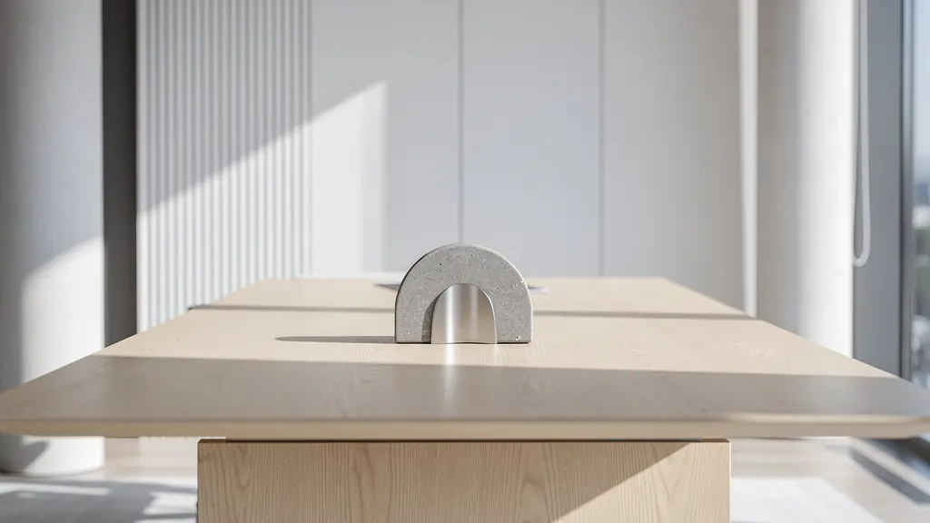 Vue minimaliste d'un bureau épuré avec un objet artisanal élégant posé stratégiquement, créant une présence subtile mais significative