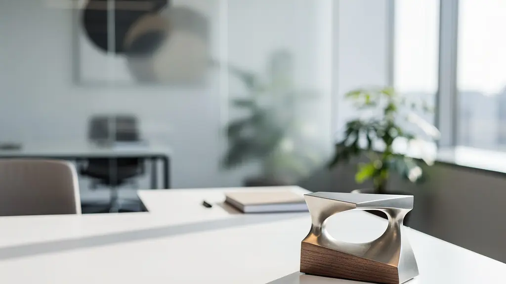 Bureau moderne et épuré avec un objet design haut de gamme posé stratégiquement