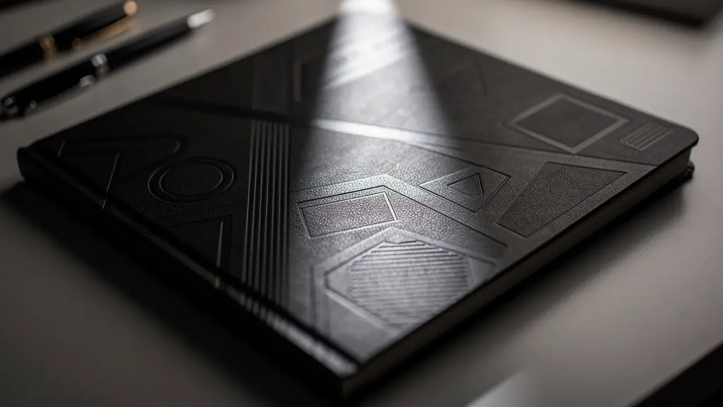 Gros plan sur un carnet élégant avec un message court gravé subtilement sur la couverture