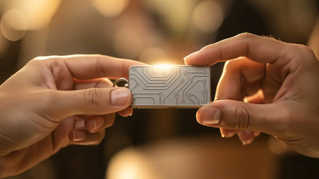 Mains qui s'échangent un objet connecté avec effet de lumière symbolisant le partage