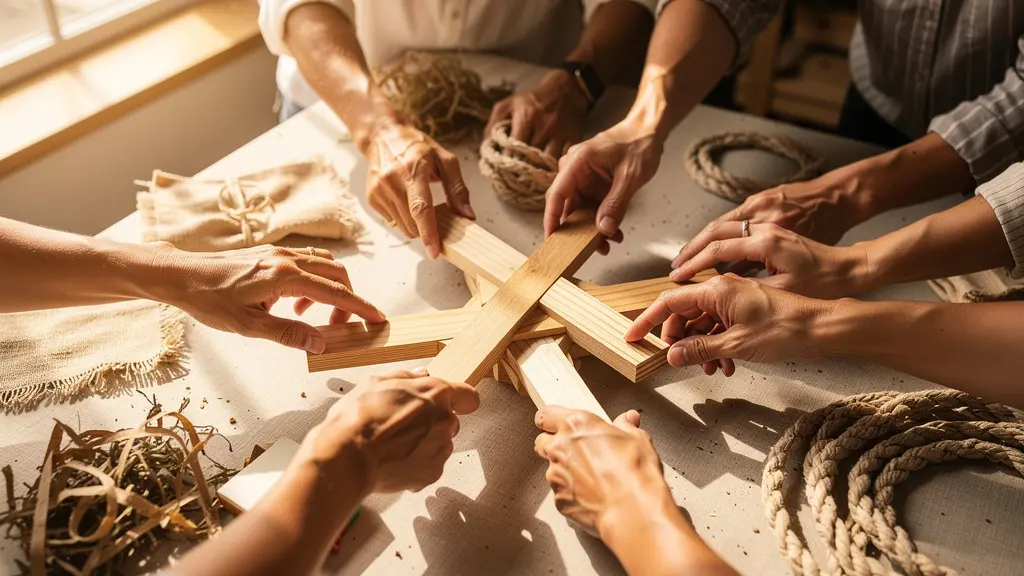 Des mains diverses s'unissent pour assembler un objet symbolique en matériaux durables dans un atelier lumineux