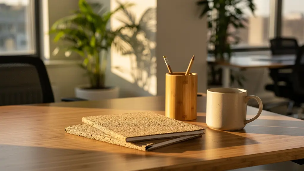 Bureau moderne avec objets promotionnels durables et rapport RSE sur une table en bois