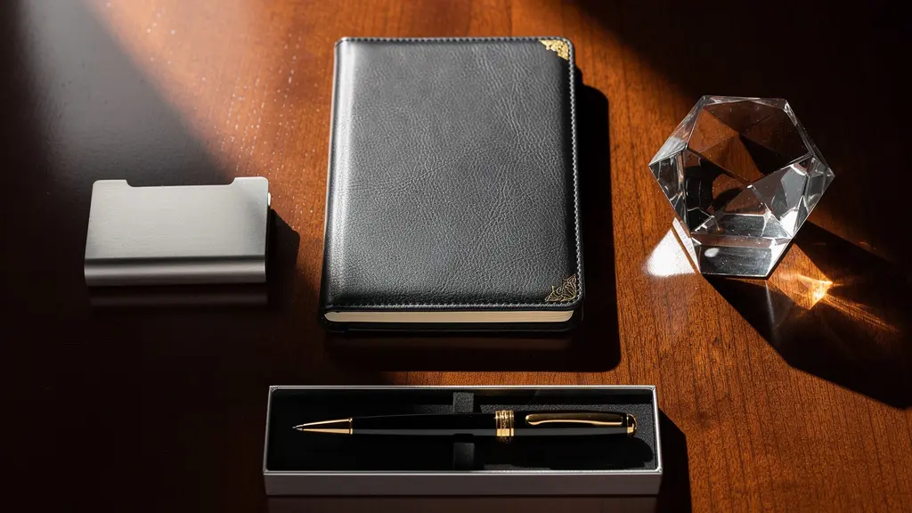 Composition d'objets promotionnels haut de gamme disposés sur bureau en bois noble