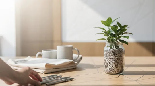 Client moderne refusant poliment un objet publicitaire avec conscience écologique