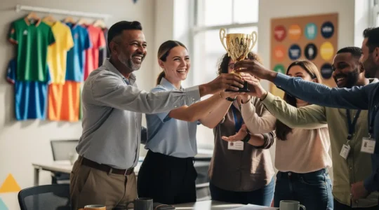 Employés célébrant avec trophée et objets symboliques dans un environnement de bureau moderne
