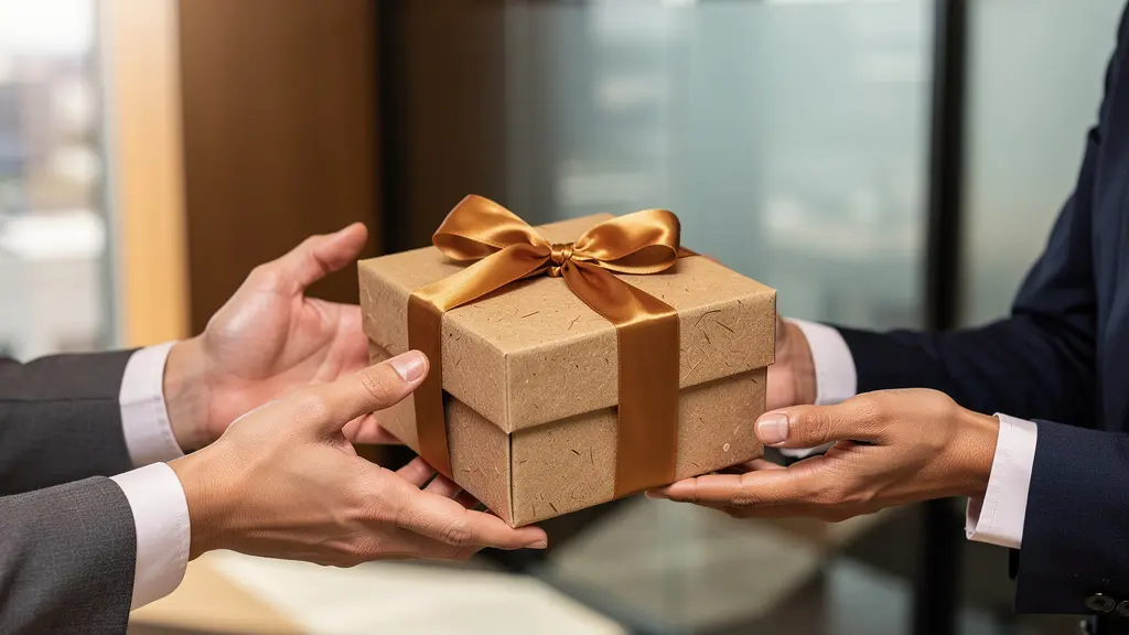 Vue d'un bureau moderne avec des mains échangeant un objet artisanal soigneusement emballé, créant une connexion professionnelle authentique