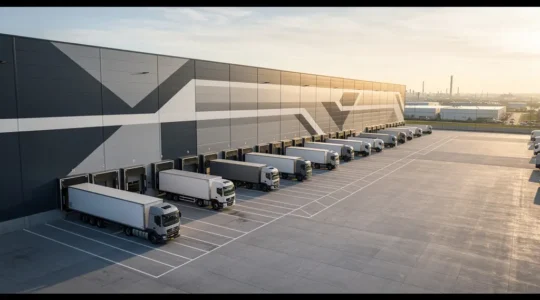 Vue aérienne d'un entrepôt logistique moderne avec quais de chargement et camions de livraison optimisant la distribution