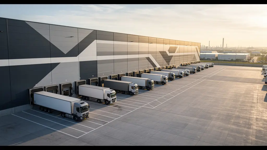Vue aérienne d'un entrepôt logistique moderne avec quais de chargement et camions de livraison optimisant la distribution