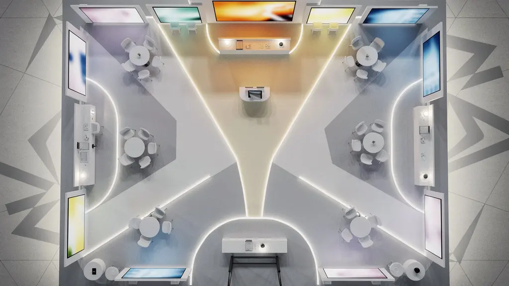 Vue aérienne d'un stand avec parcours visiteur matérialisé par différentes zones d'engagement