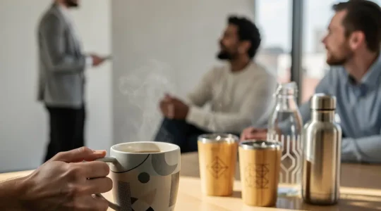 Pause-café professionnelle avec objets publicitaires réutilisables dans un espace de travail moderne