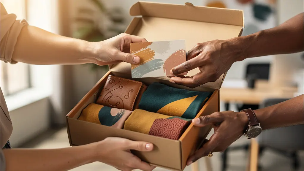 Mains disposant délicatement des objets personnalisés dans une boîte cadeau élégante