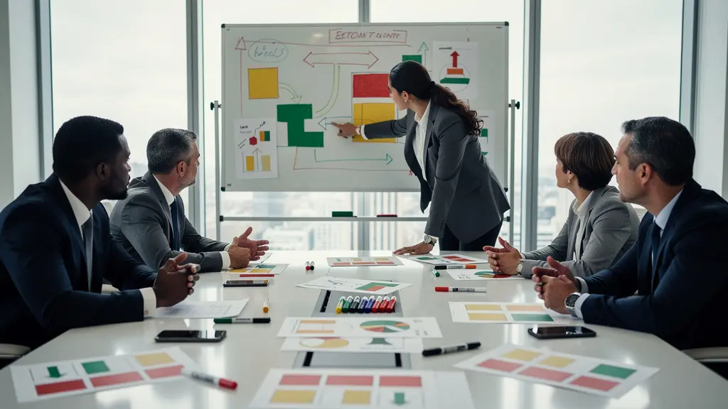 Schéma organisationnel montrant les étapes de gestion de crise avec des personnes en réunion