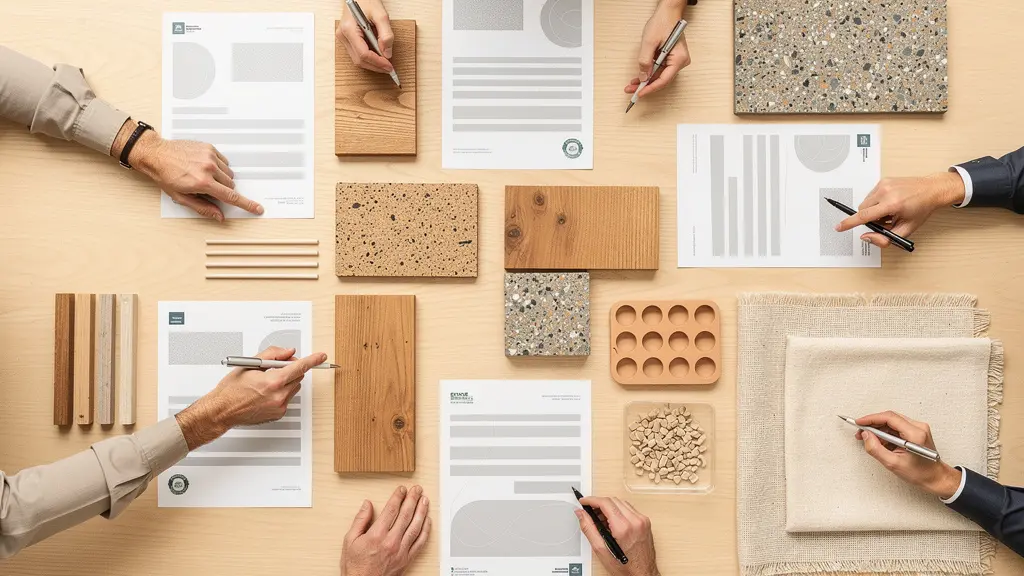 Vue aérienne d'une table de réunion avec documents de certification et échantillons de matériaux durables