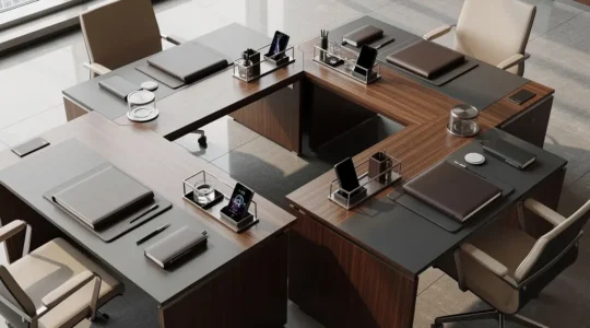 Bureau moderne avec objets promotionnels raffinés et professionnels dans un environnement B2B