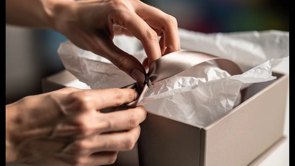 Gros plan sur des mains délicates ouvrant un coffret cadeau luxueux avec plusieurs couches d'emballage