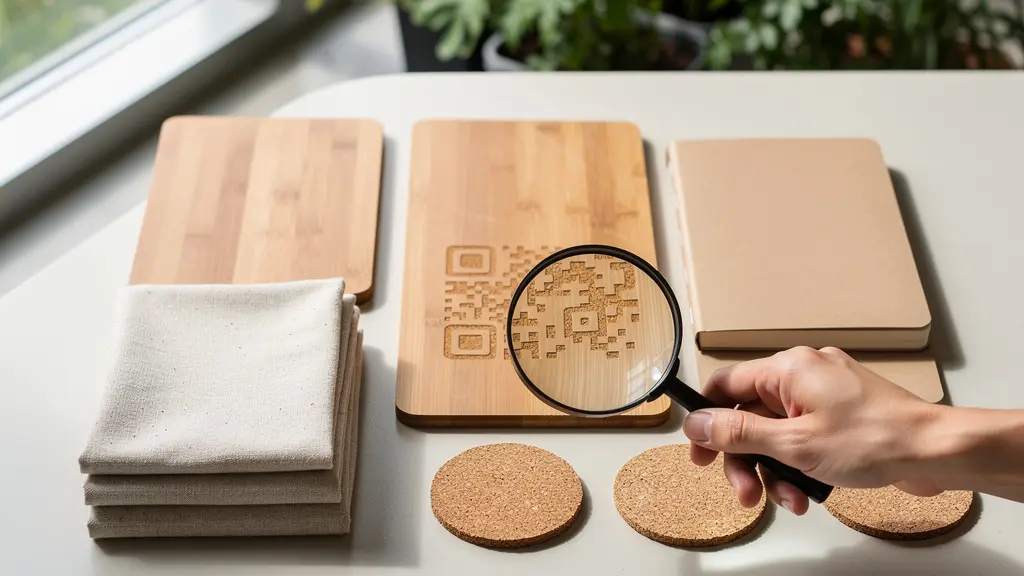 Composition professionnelle montrant des objets promotionnels durables avec des éléments de traçabilité