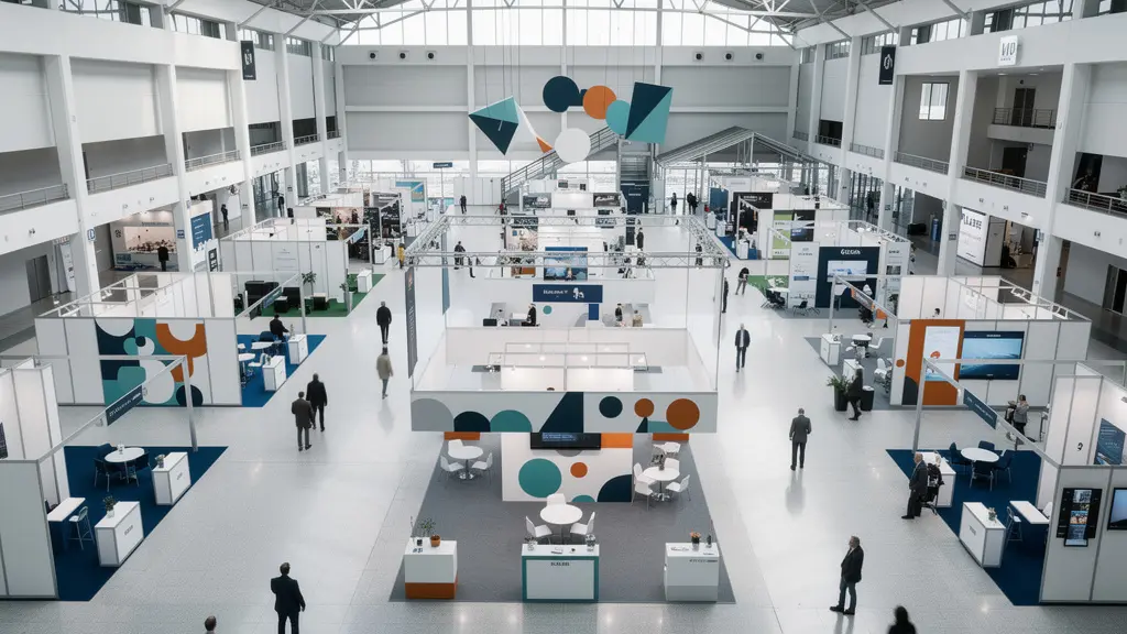 Vue aérienne d'un salon professionnel moderne avec perspective sur les allées entre les stands et échanges commerciaux