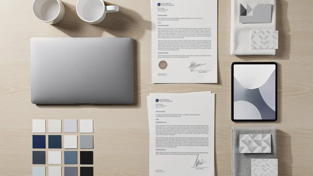 Vue aérienne d'un bureau moderne avec contrats, échantillons de produits et tablette affichant des designs