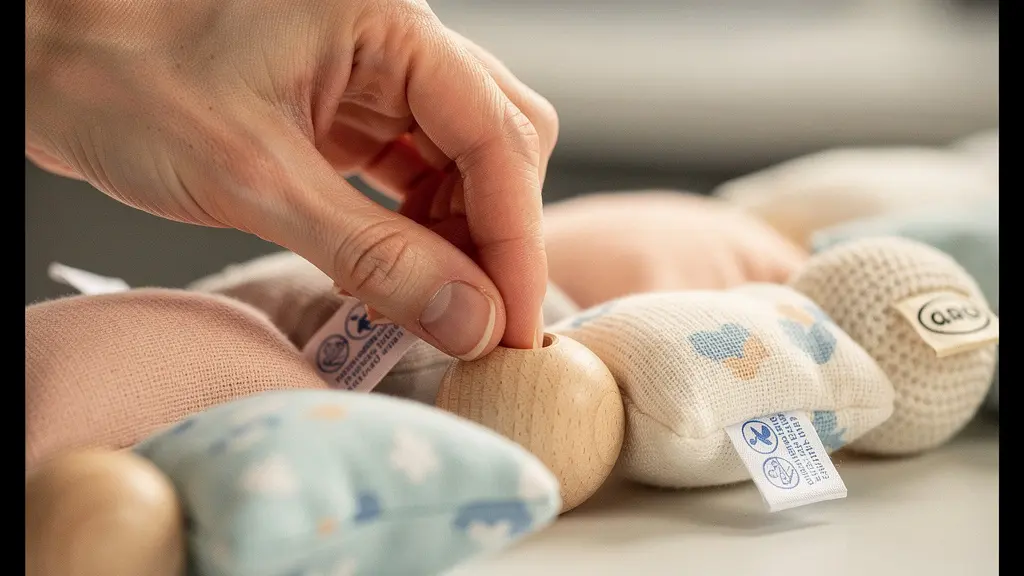 Main professionnelle examinant des jouets certifiés avec étiquettes de certification visibles