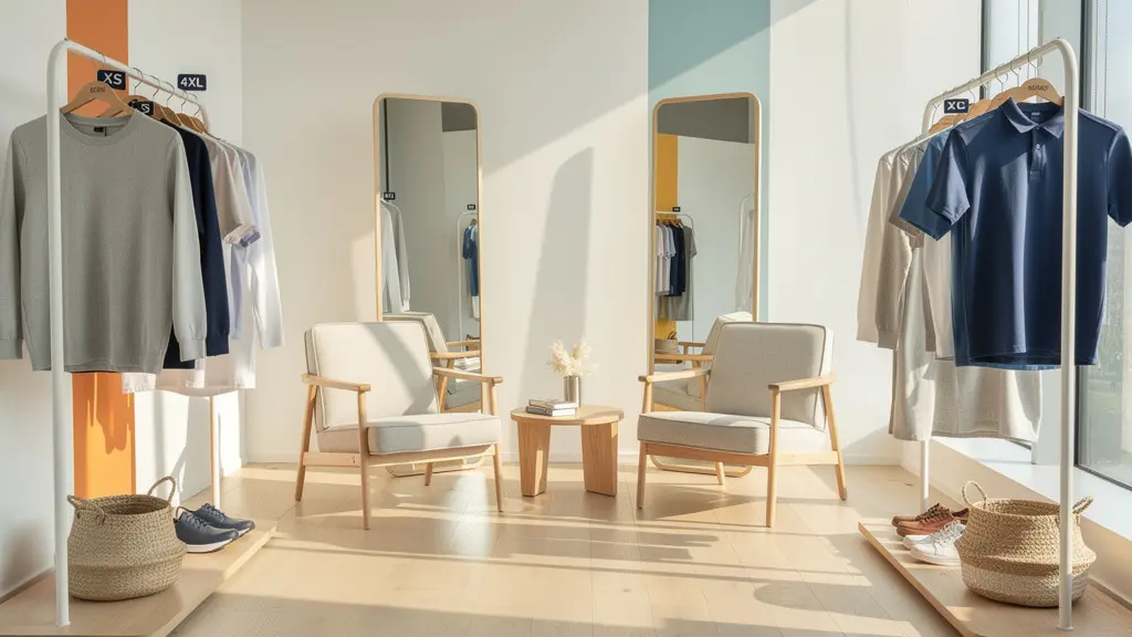 Espace showroom moderne avec portants de vêtements variés et miroirs pour essayage