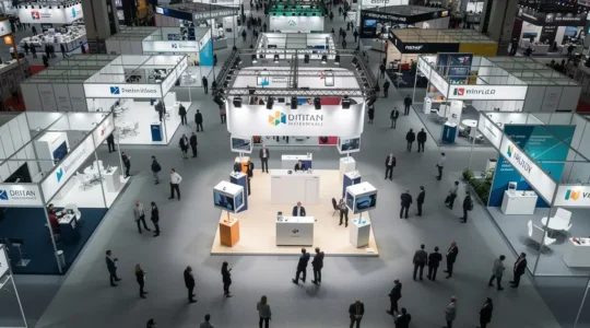 Vue aérienne d'un stand illuminé dans un salon professionnel avec des visiteurs attirés par la signalétique suspendue