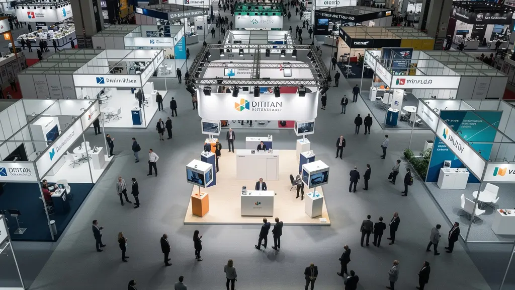 Vue aérienne d'un stand illuminé dans un salon professionnel avec des visiteurs attirés par la signalétique suspendue