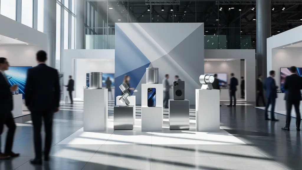 Stand de salon professionnel moderne avec objets promotionnels élégants et professionnels