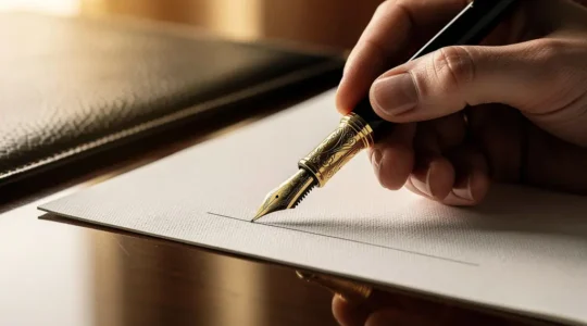 Main élégante tenant un stylo plume de luxe au-dessus d'un contrat sur bureau en bois noble avec éclairage tamisé