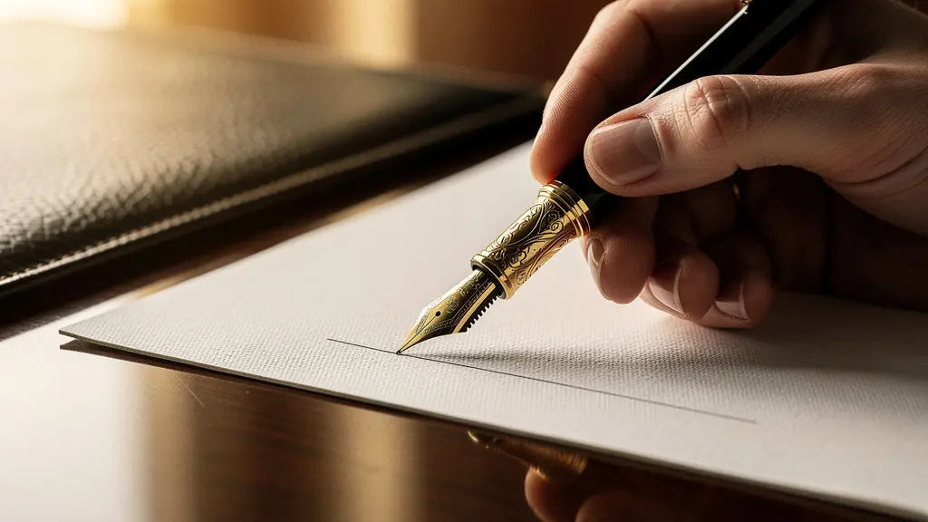 Main élégante tenant un stylo plume de luxe au-dessus d'un contrat sur bureau en bois noble avec éclairage tamisé