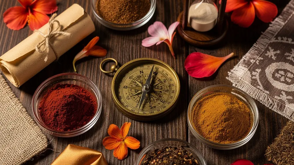 Table avec objets mystérieux évoquant un voyage sans révéler la destination