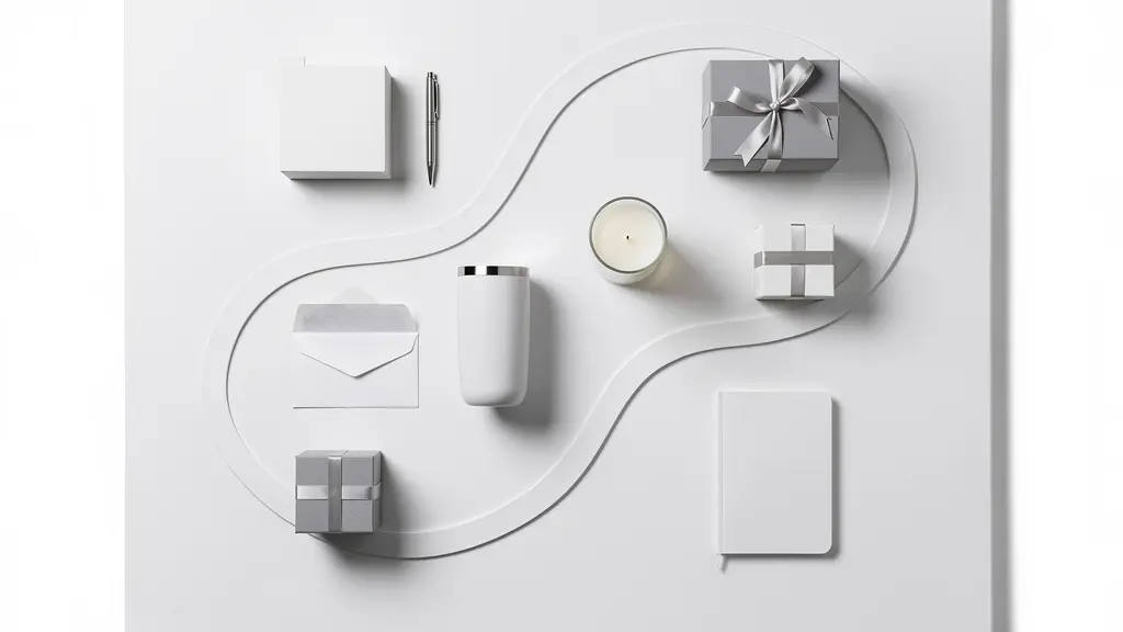 Vue aérienne minimaliste d'un parcours client matérialisé par des objets soigneusement placés à des étapes clés.