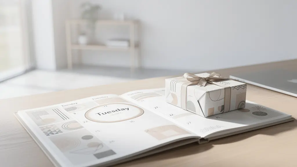 Calendrier ouvert avec une date aléatoire entourée, symbolisant l'impact d'un cadeau offert à un moment inattendu.