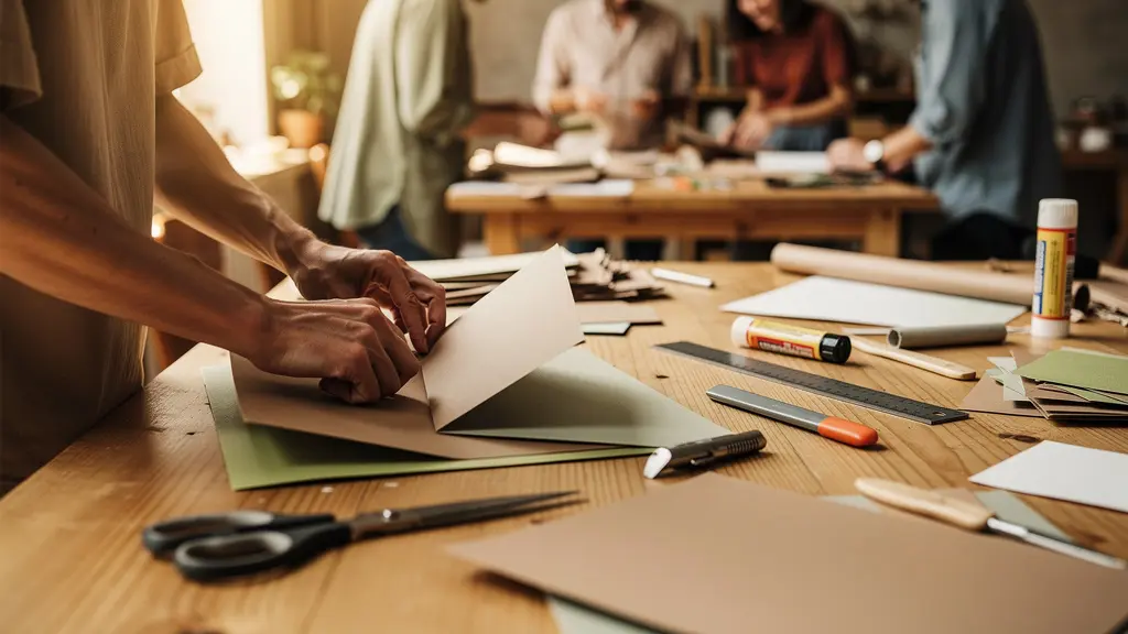 Espace de travail collaboratif montrant la transformation créative de supports marketing périmés en nouveaux usages