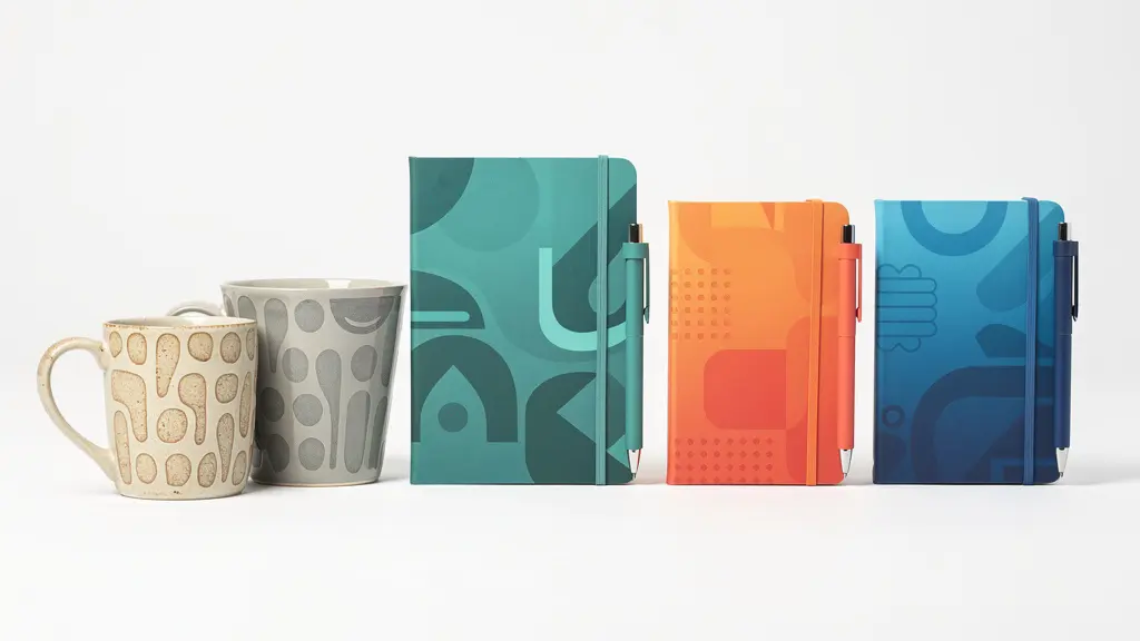 Objets promotionnels alignés montrant une transition progressive des anciennes aux nouvelles couleurs de marque