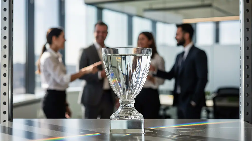 Trophée d'équipe exposé dans un espace de bureau moderne avec des employés admiratifs