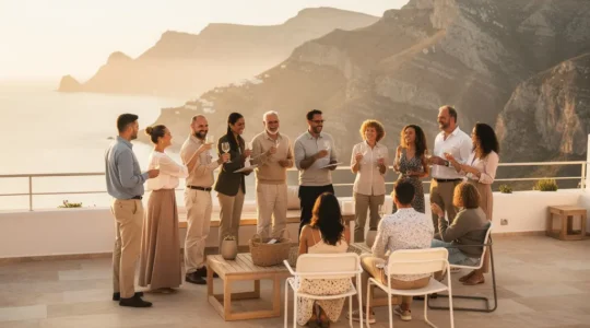 Équipe d'entreprise célébrant sur une terrasse au coucher du soleil avec vue panoramique sur un paysage côtier montagneux