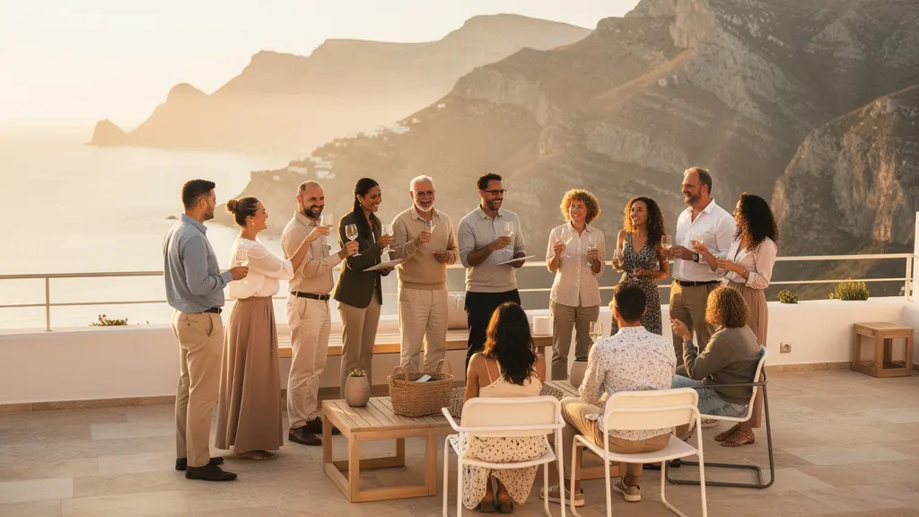 Équipe d'entreprise célébrant sur une terrasse au coucher du soleil avec vue panoramique sur un paysage côtier montagneux