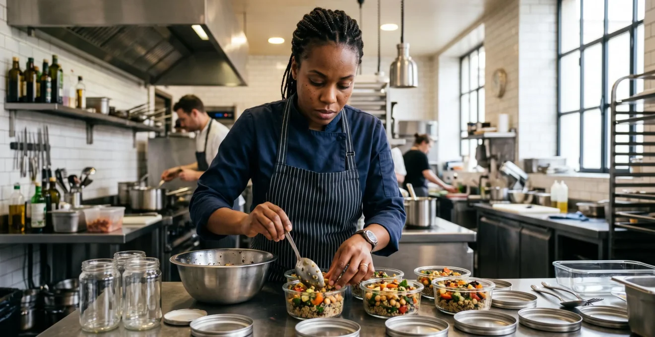 Chef professionnel remplissant des préparations alimentaires dans des contenants réutilisables en verre et inox dans une cuisine commerciale