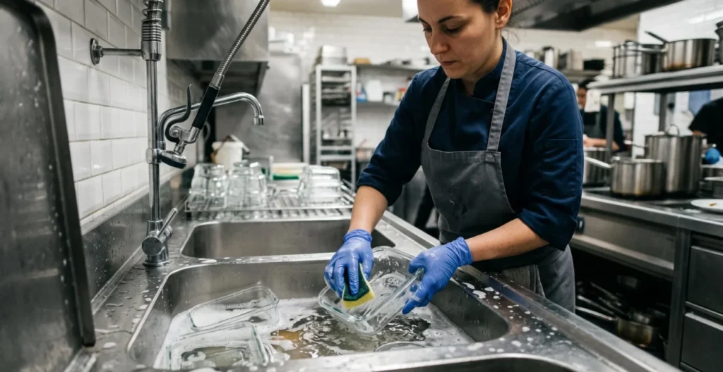 Employé lavant des contenants alimentaires réutilisables en verre dans un évier professionnel d'une cuisine commerciale Employé lavant des contenants alimentaires réutilisables en verre dans un évier professionnel d'une cuisine commerciale