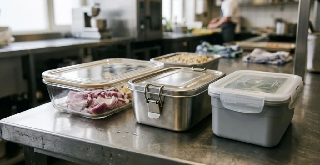 Assortiment de contenants alimentaires réutilisables professionnels en verre, inox et polypropylène sur un plan de travail Assortiment de contenants alimentaires réutilisables professionnels en verre, inox et polypropylène sur un plan de travail