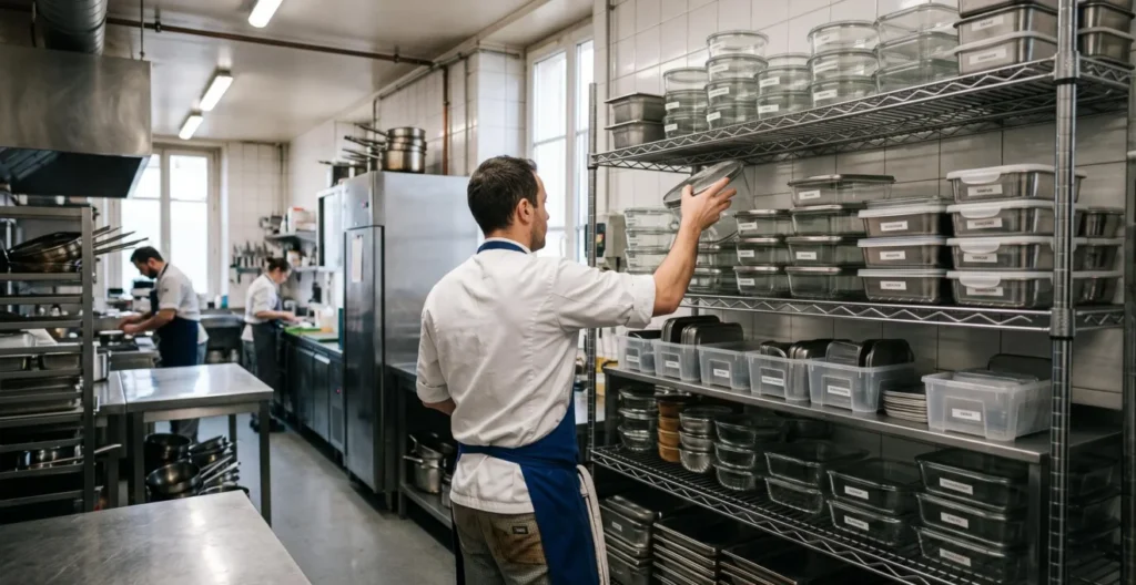 Système de stockage organisé de contenants alimentaires réutilisables propres sur étagères professionnelles dans une cuisine commerciale Système de stockage organisé de contenants alimentaires réutilisables propres sur étagères professionnelles dans une cuisine commerciale